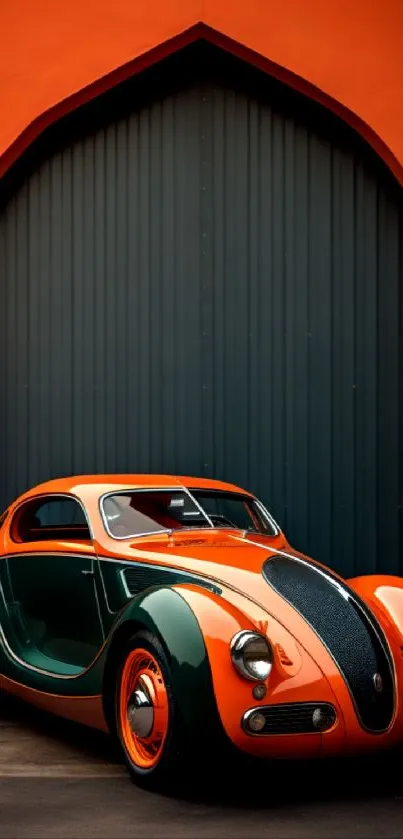 Vintage car under a vibrant orange arch, showcasing style and color.