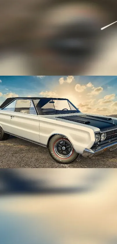 Classic vintage car on an open road under a vibrant blue sunset sky.