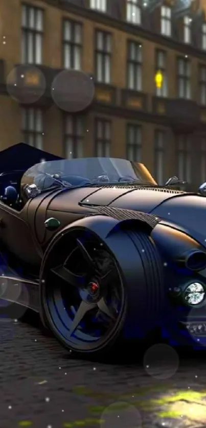 Classic black car under urban night lights in a cityscape setting.