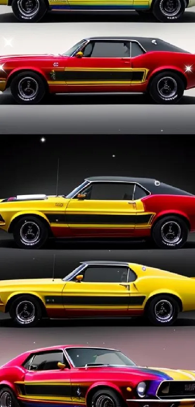 Vintage muscle cars wallpaper with bold colors in a lineup showcase.