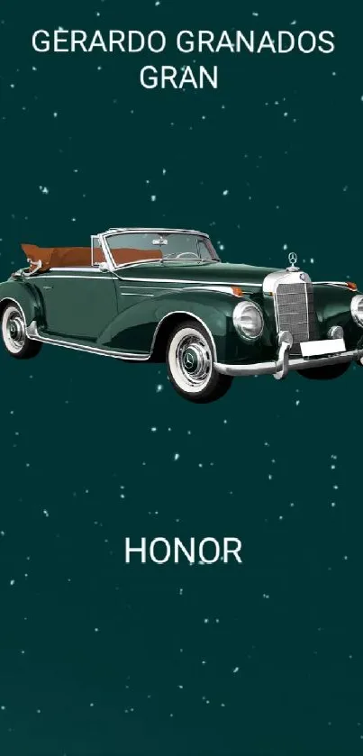 Vintage green convertible car on a teal starry background.