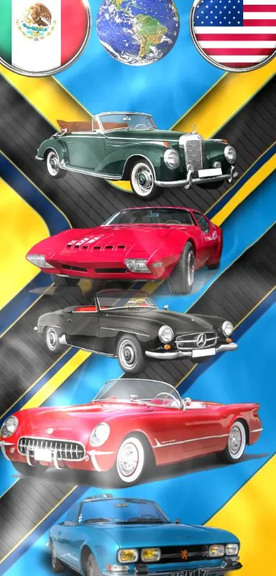 Vintage cars with international flags wallpaper in colorful design.