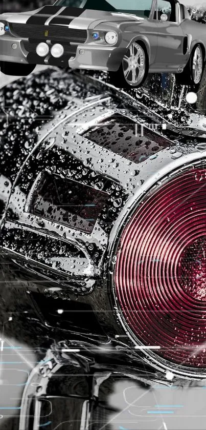 Mobile wallpaper featuring classic car with chrome details and raindrops.