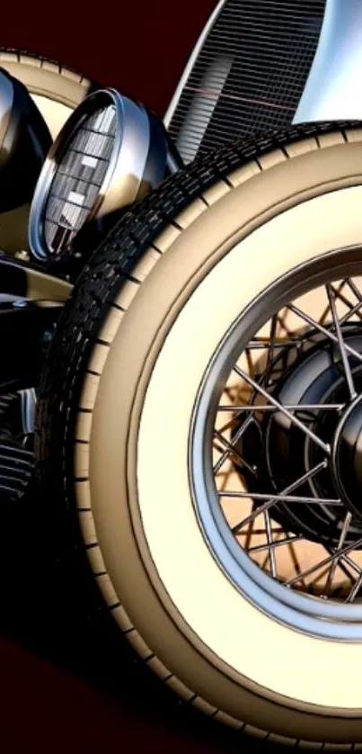 Close-up of a classic car wheel with vintage design elements.