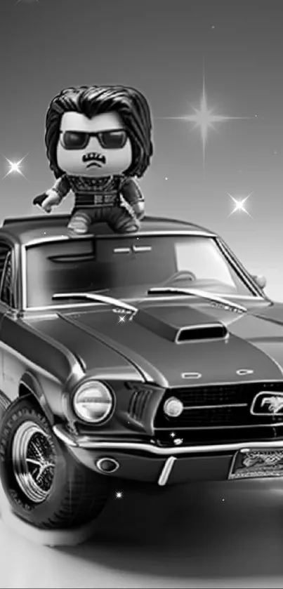 Black and white wallpaper with a muscle car and action figure.