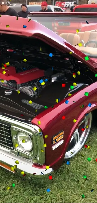 Classic red car with exposed engine and colorful confetti.