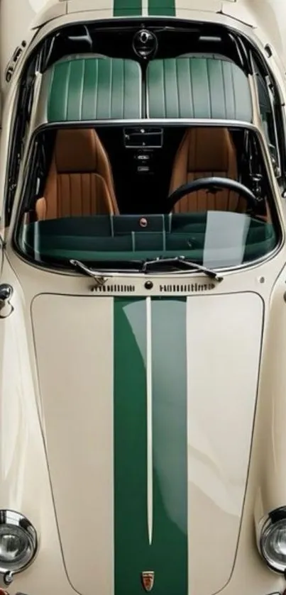 Overhead view of vintage convertible car with green racing stripes.