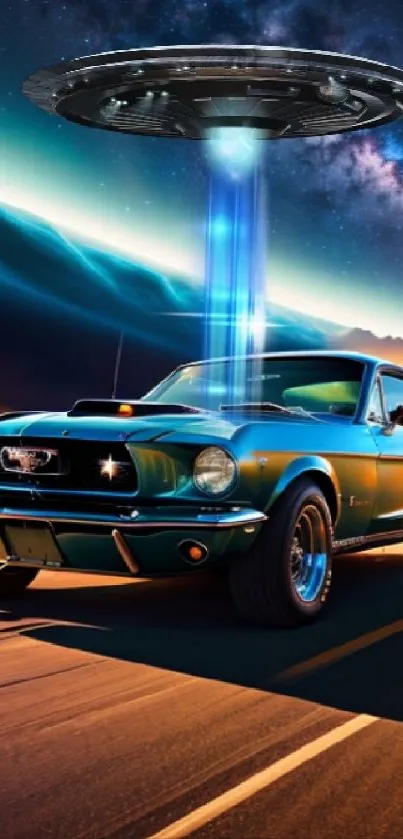 Classic muscle car on road with UFO in starry sky background.