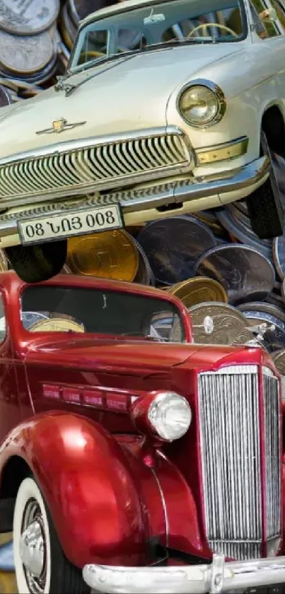 Vintage cars on mixed coin background.