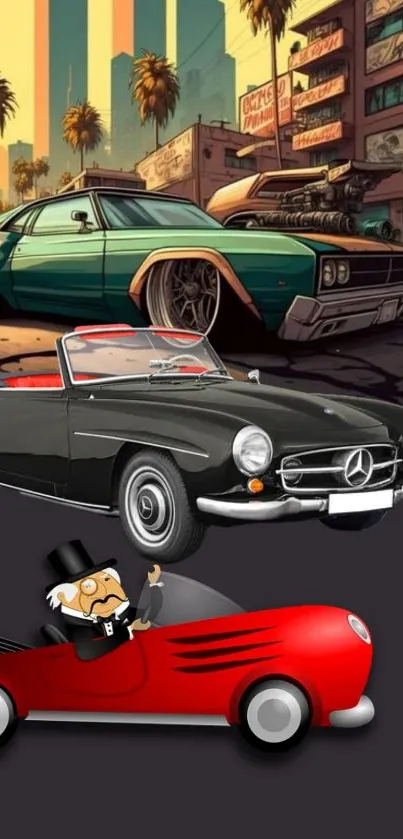 Mobile wallpaper with classic cars in a vibrant cityscape and cartoon elements.