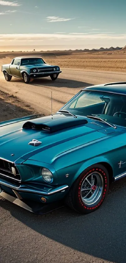 Classic teal cars driving through a desert at sunset, capturing a vintage vibe.