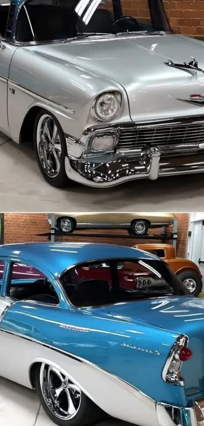 Dual view of classic vintage cars in a showroom setting.