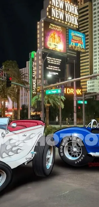 Classic cars in a vibrant Las Vegas night setting.