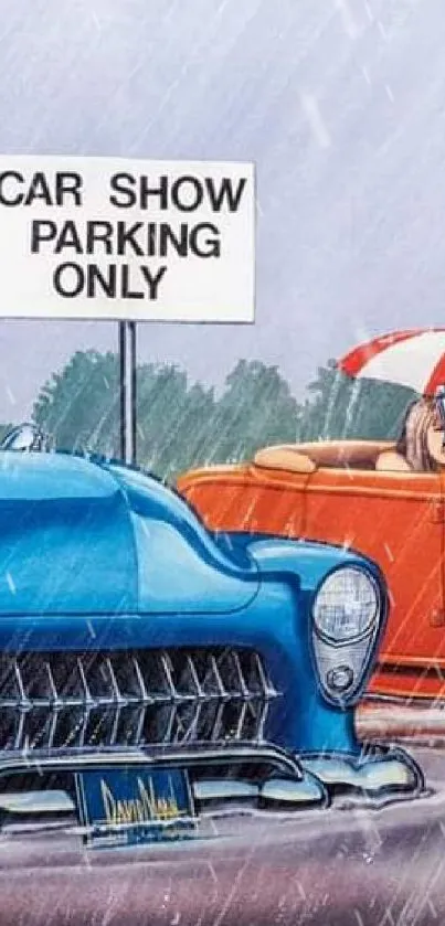 Classic cars in a rainy art-style car show scene, with vibrant colors.