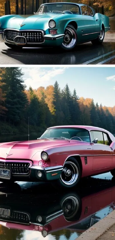 Elegant classic cars parked by a lakeside with scenic autumn landscape.