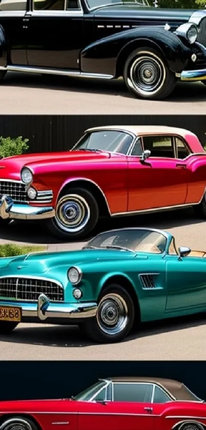 Colorful vintage cars lined up in a classic showcase.
