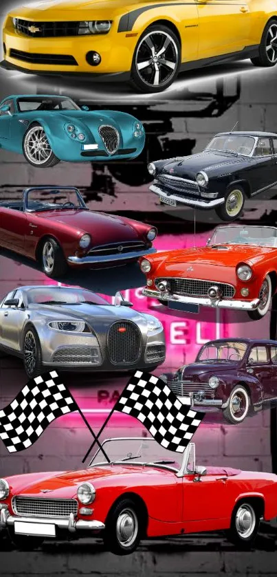 A vibrant wallpaper of classic and vintage cars with a retro neon backdrop.