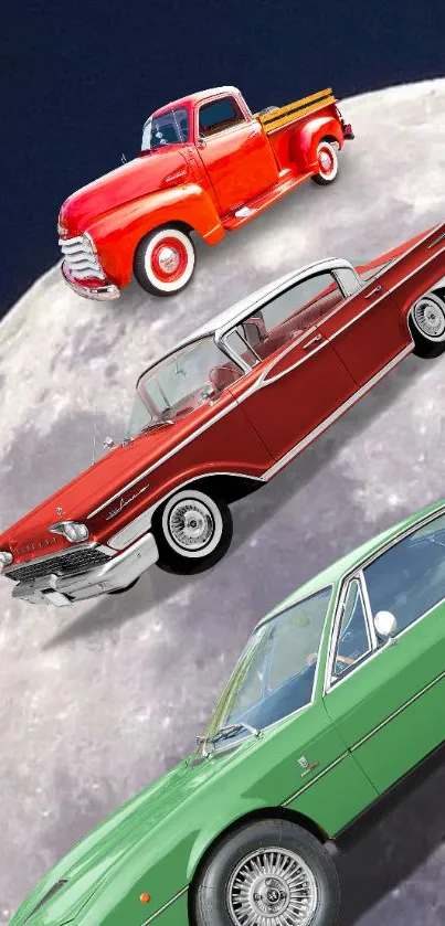 Vintage cars against a moonlit night sky.