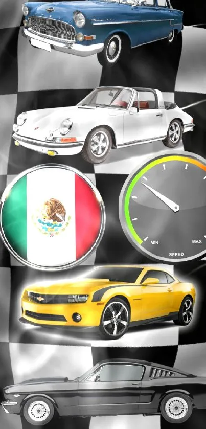 Classic cars, speedometer, Mexican flag on a checkered background.