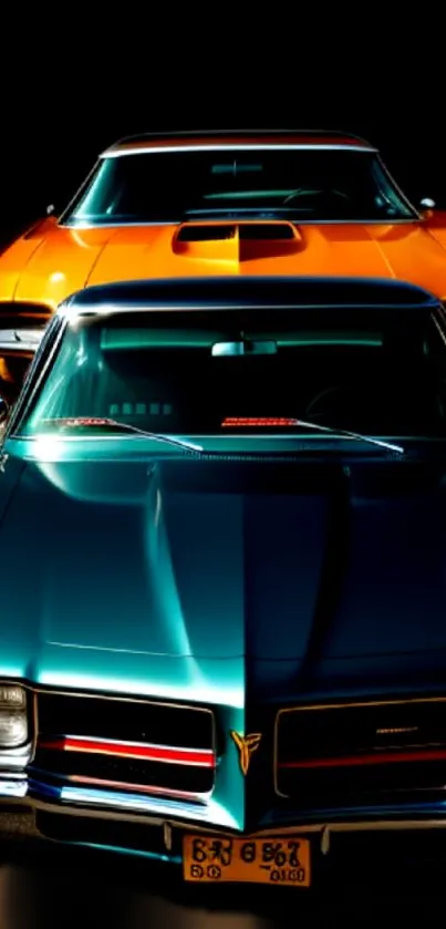 Vibrant wallpaper featuring blue and orange vintage cars side by side.