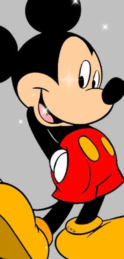 Classic cartoon character on gray background with red shorts and yellow shoes.