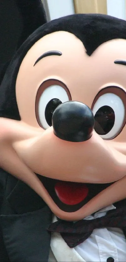 Iconic cartoon character smiling in tuxedo, waving against a starry background.