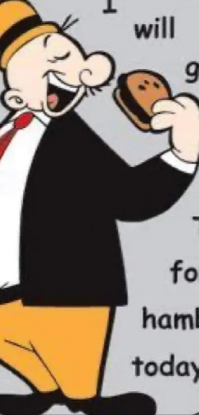 Cartoon character enjoying a hamburger with a joyful expression.