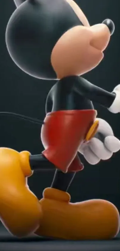 Side view of a classic cartoon character with black ears and red shorts.