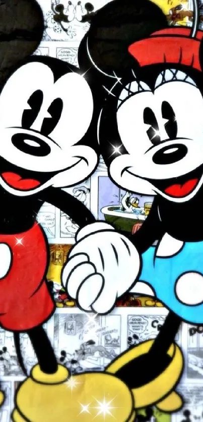 Vibrant wallpaper of a classic cartoon couple with comic background.