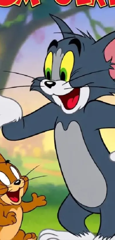 Tom and Jerry cartoon characters in a colorful wallpaper.