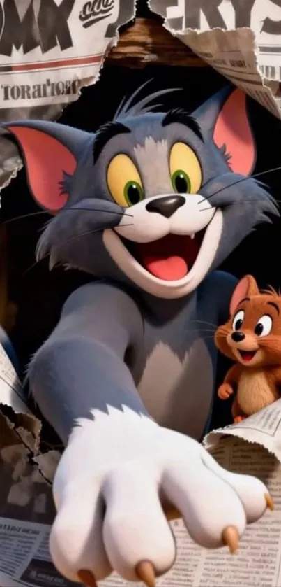 Tom and Jerry bursting through newspaper cartoon wallpaper.