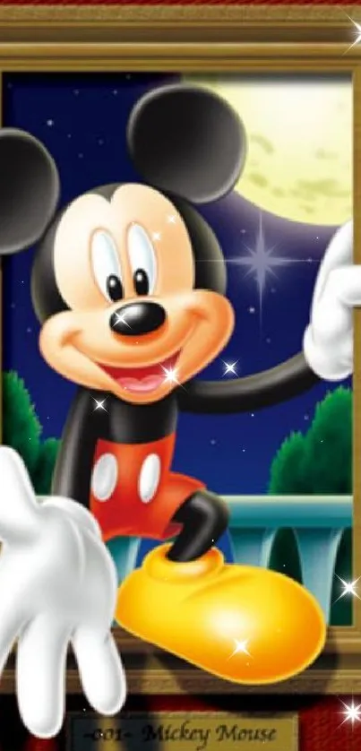 Classic cartoon mouse in frame, red background.