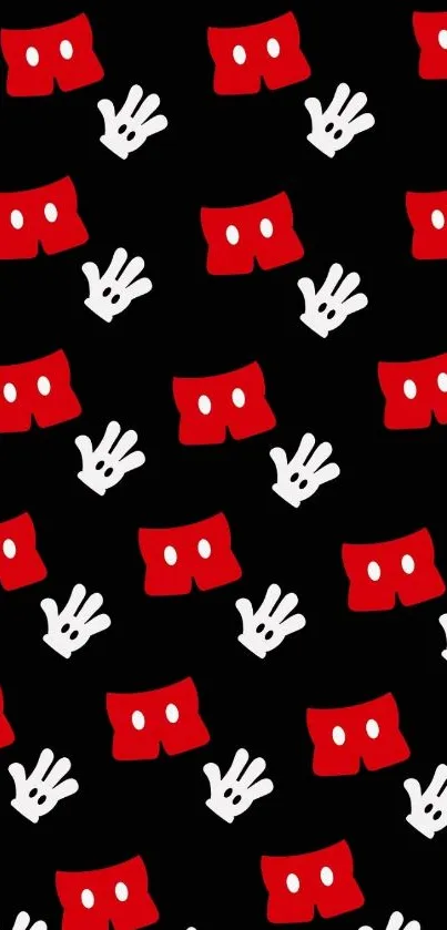 Cartoon pattern wallpaper with red shorts and white gloves on a black background.