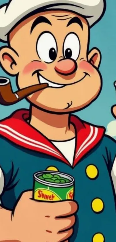 Cartoon sailor with pipe and canned greens in classic style.