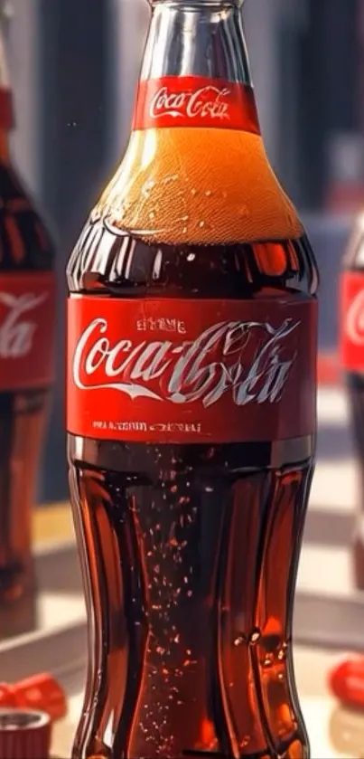 Classic Coca-Cola bottle with reflections and vibrant colors