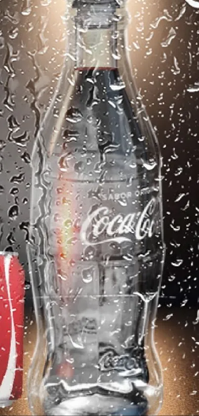 Classic Coca-Cola glass bottle with red can on elegant backdrop.