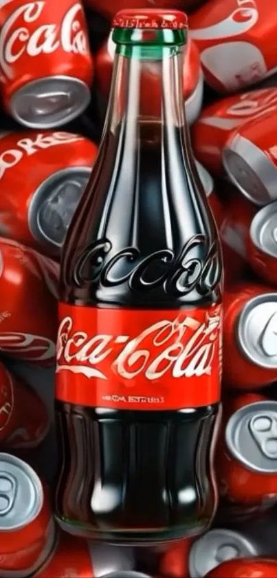 A classic Coca-Cola bottle surrounded by cans of soda.