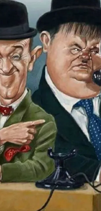 Caricature of classic comedy duo with vintage charm.