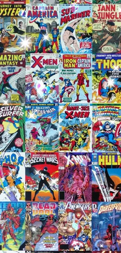 A collage of vintage Marvel comic book covers featuring superheroes.