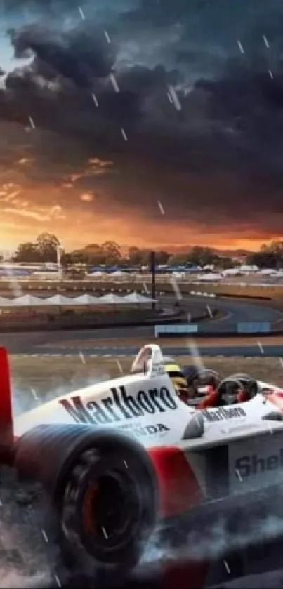 Dynamic Formula 1 car racing at sunset on a dramatic track scene.