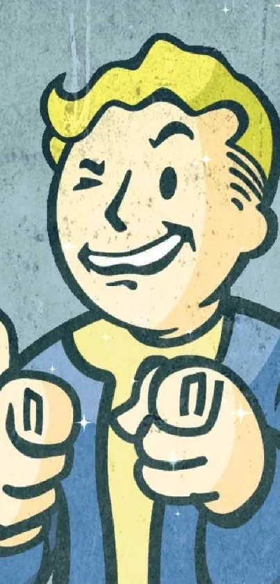 Iconic Vault Boy from Fallout in vintage style on mobile wallpaper.