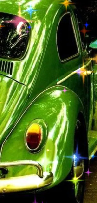 Vintage green car with sparkling lights enhancing the retro style.