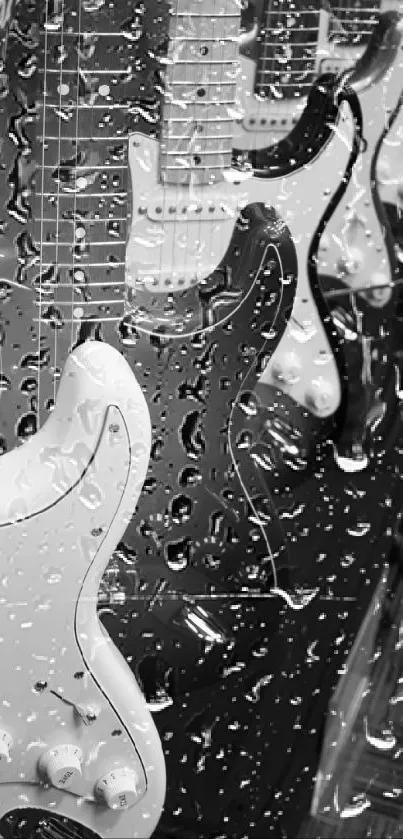 Monochrome lineup of electric guitars in a classic style.