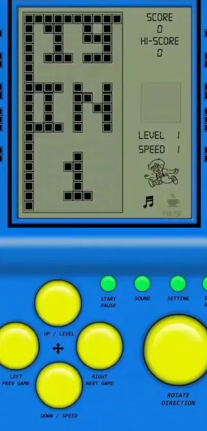 Classic handheld game design with blue and yellow buttons on a mobile wallpaper.