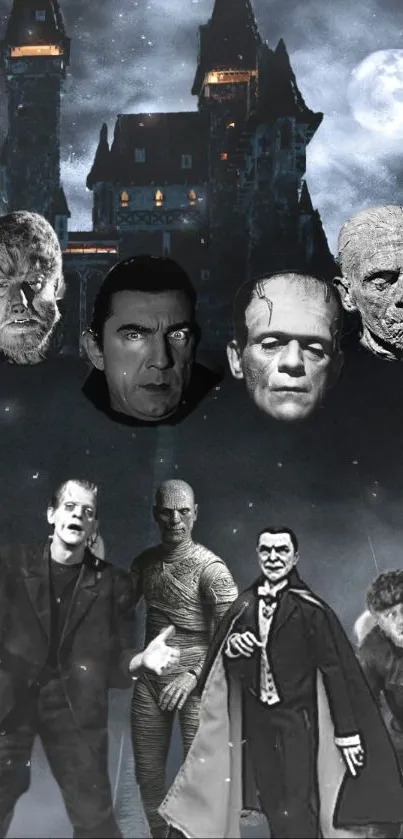 Classic horror monsters over a spooky castle in moonlight.