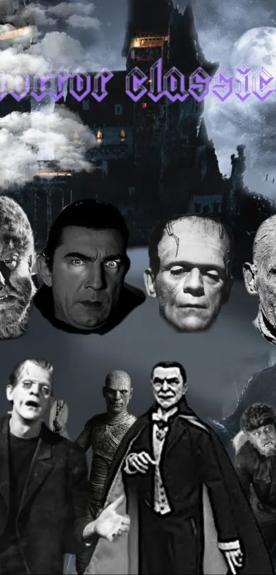 Classic horror movie wallpaper with iconic monster figures in a dark, gothic setting.