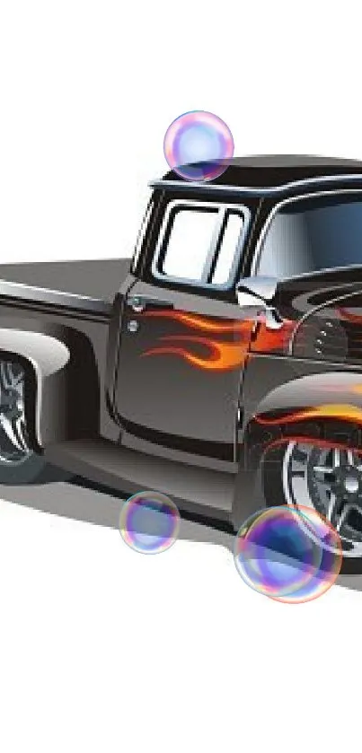 Vintage hot rod truck with orange flames on a white background.