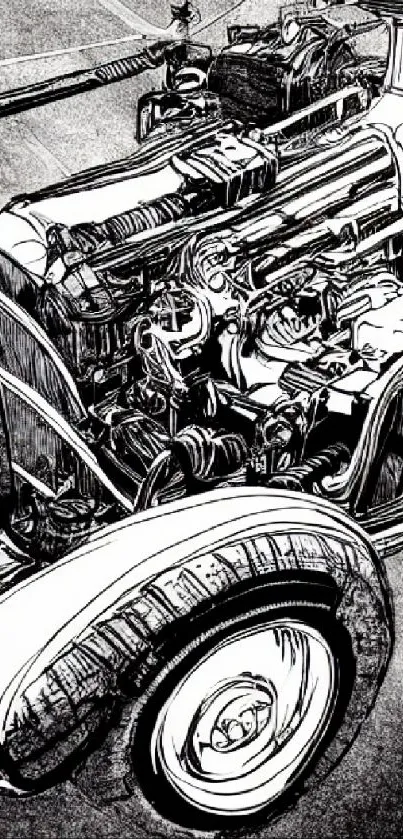 Detailed monochrome illustration of a classic hot rod engine.