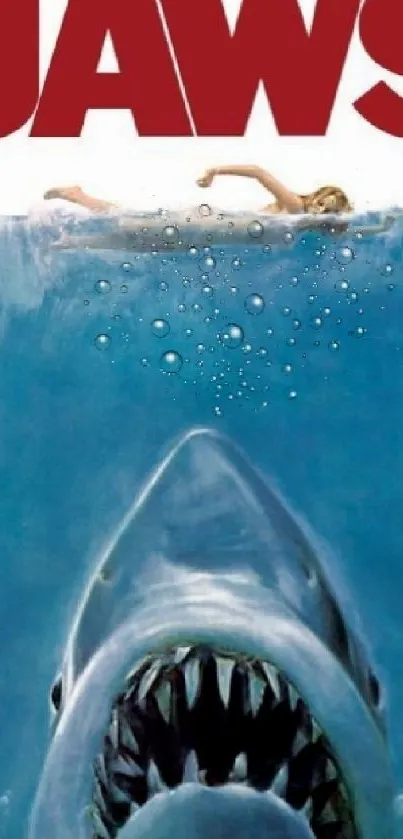 Jaws movie poster with great white shark beneath ocean.