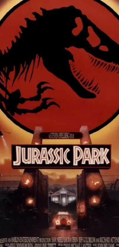 Jurassic Park poster with T-Rex silhouette and red background.